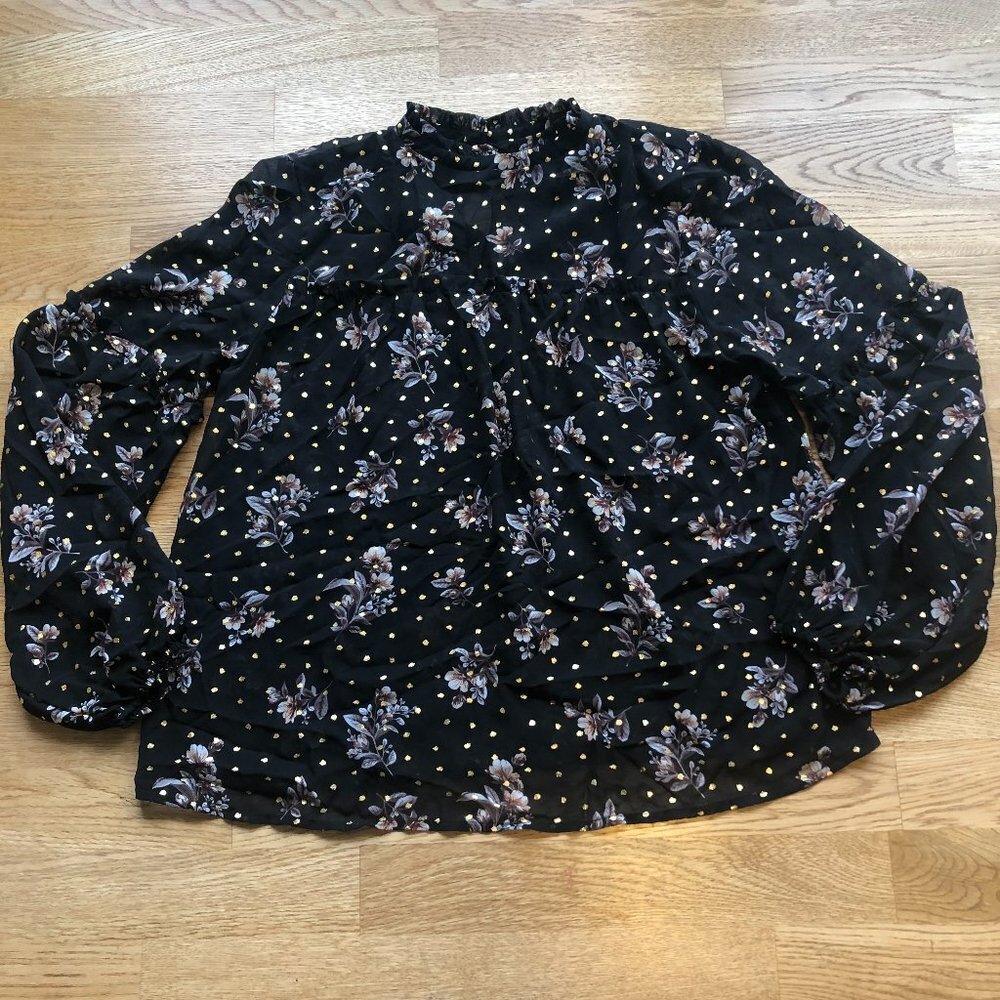 Urban Romantics Black Floral Top Mockneck Metallic Gold Puff Sleeve Small